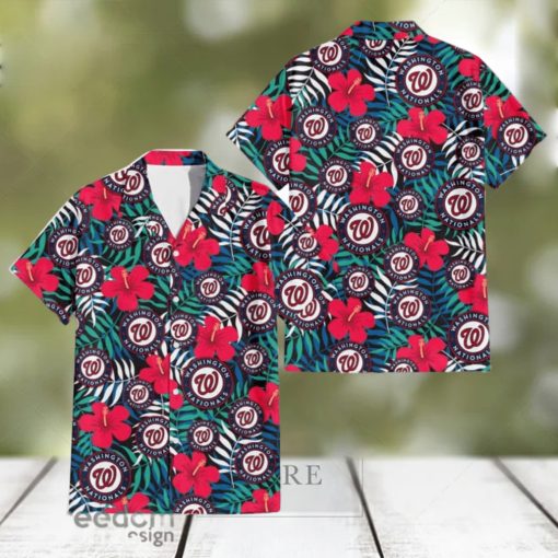 Washington Nationals Red Hibiscus Green Blue White Leaf Black Background 3D Hawaiian Shirt