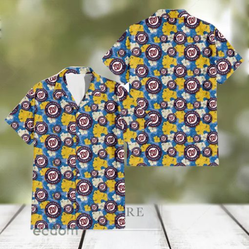 Washington Nationals Yellow White Hibiscus Powder Blue Background 3D Hawaiian Shirt