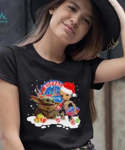 Baby Yoda Reindeer And Santa Groot Hug Buffalo Bills Christmas Light Shirt