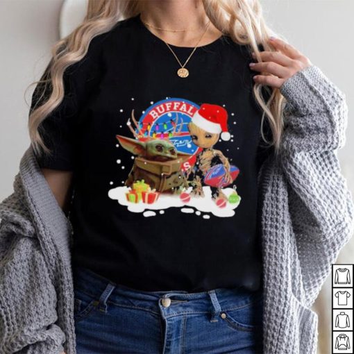 Baby Yoda Reindeer And Santa Groot Hug Buffalo Bills Christmas Light Shirt