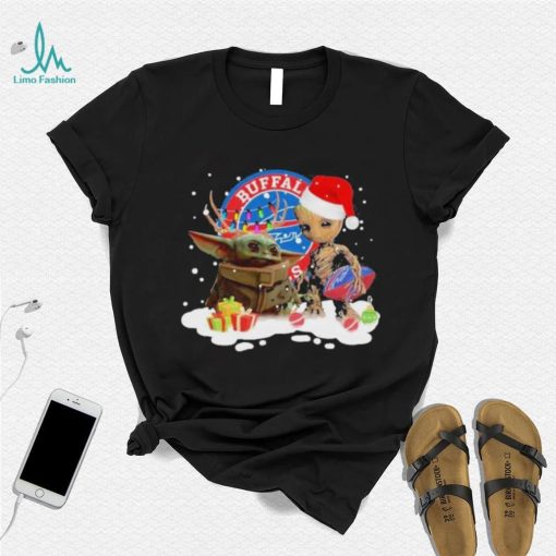 Baby Yoda Reindeer And Santa Groot Hug Buffalo Bills Christmas Light Shirt