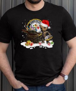 Baby Yoda Reindeer and Santa Groot Hug Pittsburgh Steelers Christmas Light shirt