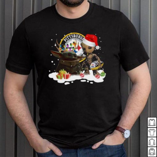 Baby Yoda Reindeer and Santa Groot Hug Pittsburgh Steelers Christmas Light shirt