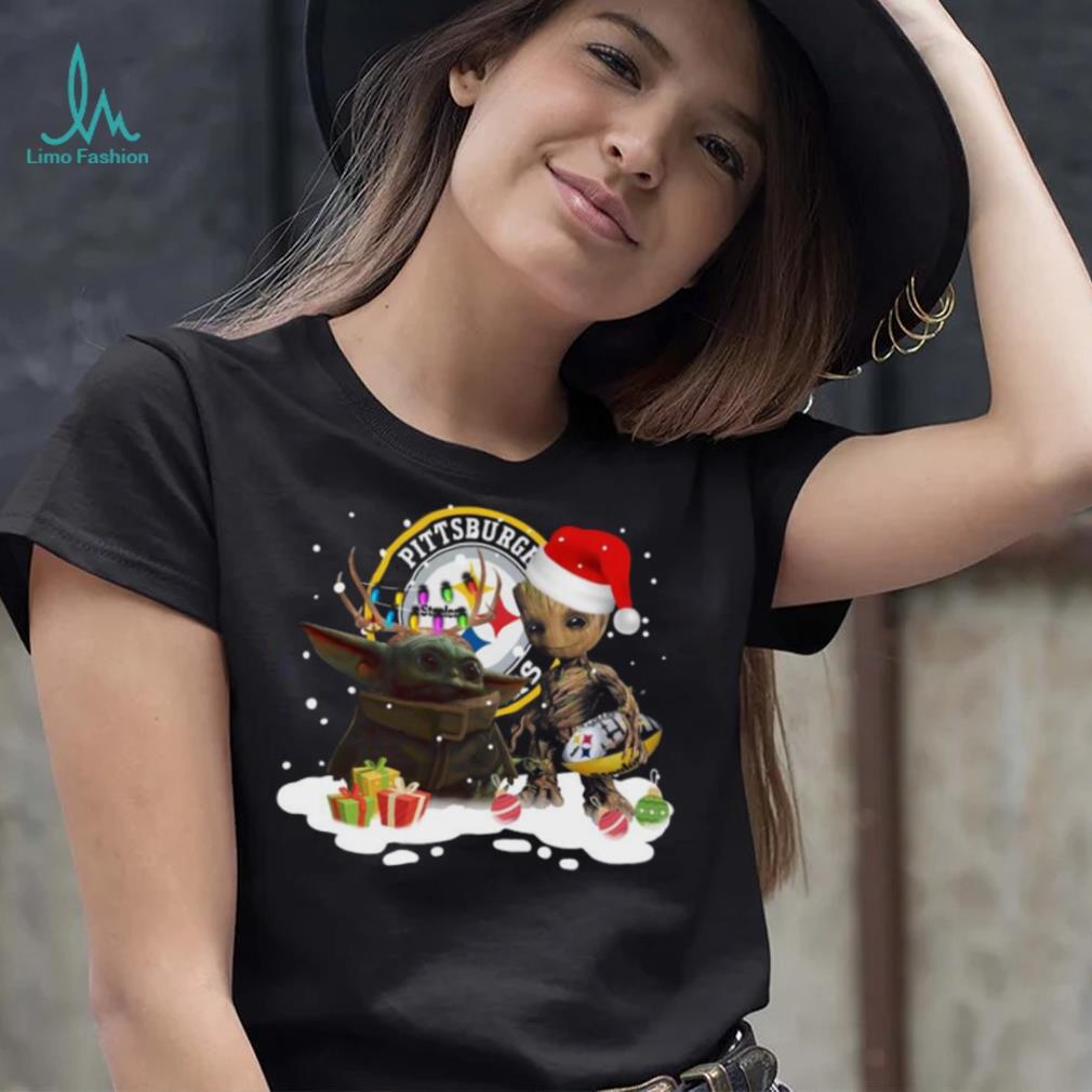 Baby Yoda Reindeer and Santa Groot Hug Pittsburgh Steelers Christmas Light  shirt - Limotees