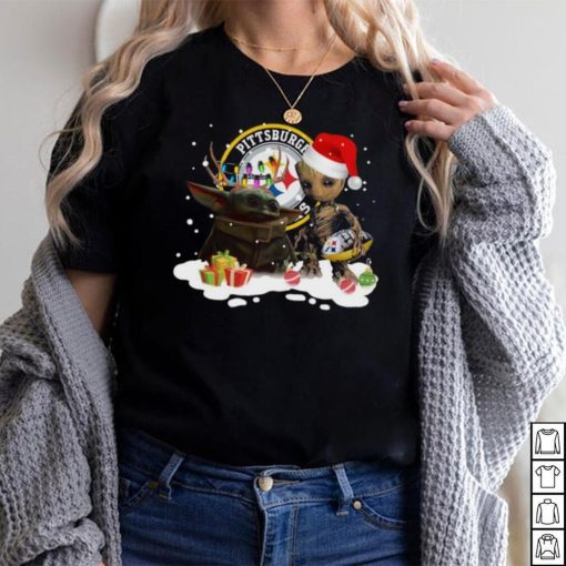 Baby Yoda Reindeer and Santa Groot Hug Pittsburgh Steelers Christmas Light shirt