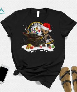 Baby Yoda Reindeer and Santa Groot Hug Pittsburgh Steelers Christmas Light shirt