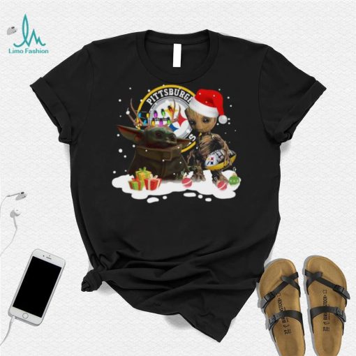 Baby Yoda Reindeer and Santa Groot Hug Pittsburgh Steelers Christmas Light shirt