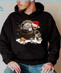 Baby Yoda Reindeer and Santa Groot Hug Pittsburgh Steelers Christmas Light shirt