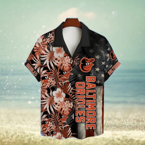 Baltimore Orioles Hibiscus Flower American Flag Pattern Black Hawaiian Shirt