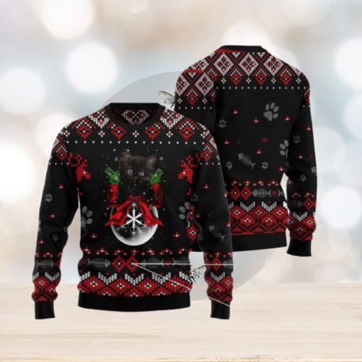 Black Cat Cute Snow Flowers Christmas 3D Sweater