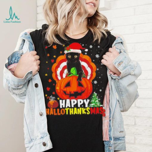 Black Cat Halloween and merry Christmas happy Hallothanksmas shirt