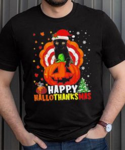 Black Cat Halloween and merry Christmas happy Hallothanksmas shirt