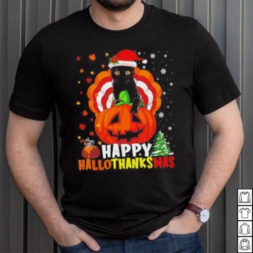 Black Cat Halloween and merry Christmas happy Hallothanksmas shirt