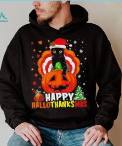 Black Cat Halloween and merry Christmas happy Hallothanksmas shirt