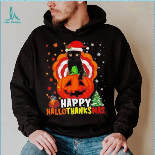 Black Cat Halloween and merry Christmas happy Hallothanksmas shirt