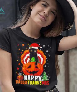 Black Cat Halloween and merry Christmas happy Hallothanksmas shirt
