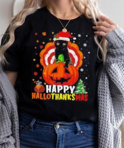 Black Cat Halloween and merry Christmas happy Hallothanksmas shirt
