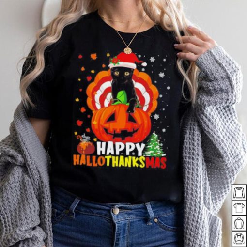 Black Cat Halloween and merry Christmas happy Hallothanksmas shirt