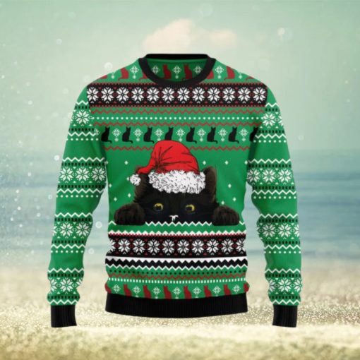 Black Cat Hide Knitting Pattern Green Christmas 3D Sweater