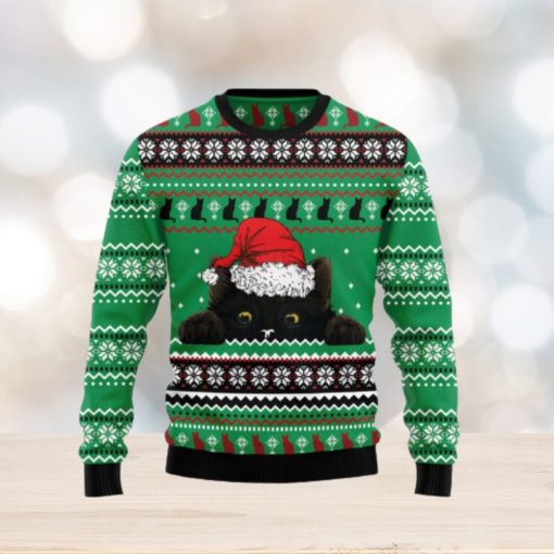 Black Cat Hide Knitting Pattern Green Christmas 3D Sweater