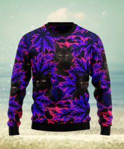 Black Cat Purple Leaves Patten Christmas 3D Sweater