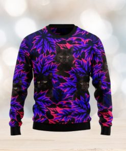 Black Cat Purple Leaves Patten Christmas 3D Sweater