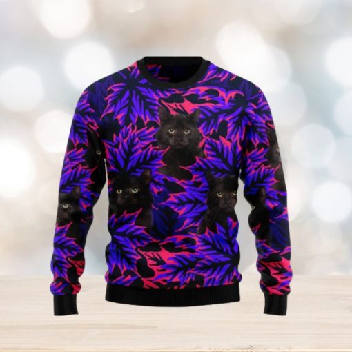 Black Cat Purple Leaves Patten Christmas 3D Sweater