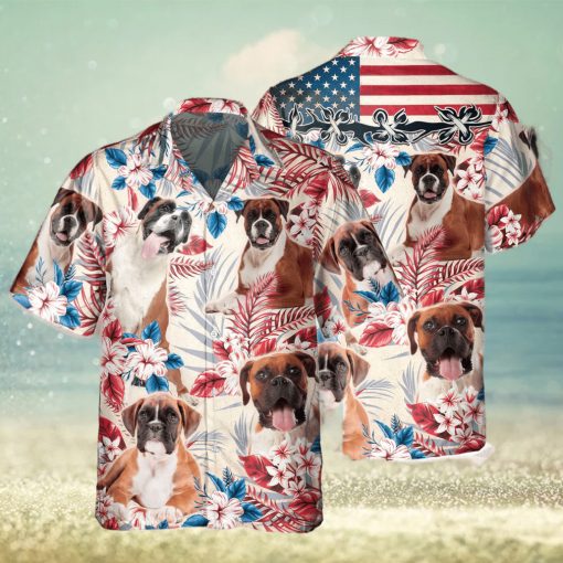 Boxer Dog United States Flag Hawaiian Flowers All Over Printed 3D Hawaiian Shirt