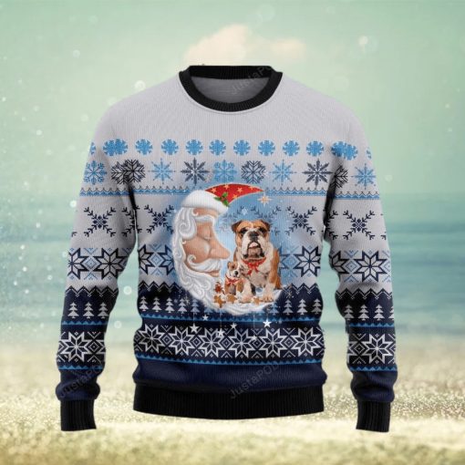 Bulldog Love Santa Moon Ugly Christmas Sweater, Ugly Sweater