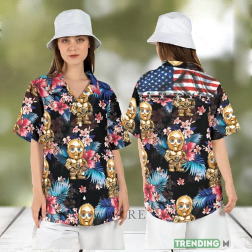 C3PO American Flag Hawaiian Shirt Star Wars Droid Tropical Hawaii Shirt Star Wars Palm Leaves Summer Aloha Shirt