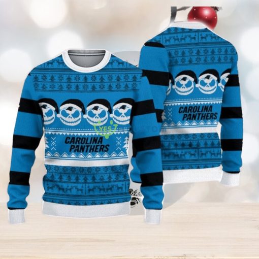 Carolina Panthers Christmas Jack Skellington Face Pattern Ugly Christmas Sweater