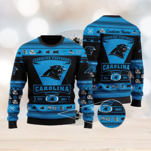 Carolina Panthers Football Team Logo Custom Name Christmas Gift All Over Print Ugly Christmas Sweater