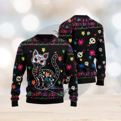 Cat Sugar Skull Floral Pattern Ugly Christmas 3D Sweater