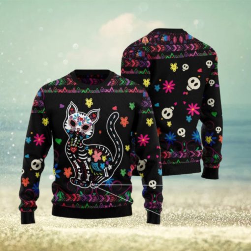 Cat Sugar Skull Floral Pattern Ugly Christmas 3D Sweater