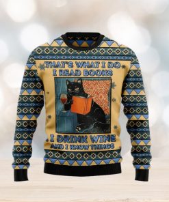 Christmas Ugly Sweater Black Cat Read Books Drink Wine Funny Sweater Gift For Men And Women