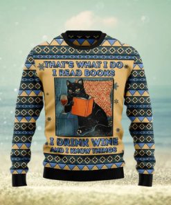 Christmas Ugly Sweater Black Cat Read Books Drink Wine Funny Sweater Gift For Men And Women