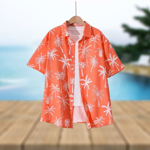 Coconut Tree Pattern Men s Short Sleeve Lapel Shirt  Men s Button Up Shirt For Summer Outdoor Vacation  Hawaiian Style