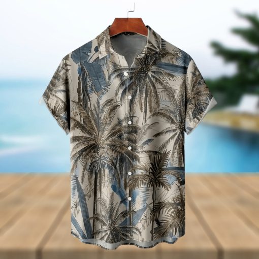 Coconut Tree Print Men s Casual Short Sleeve Hawaiian Shirt  Men s Shirt For Summer Vacation Resort  Tops For Men