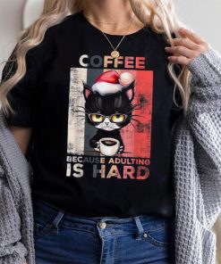 Coffee Because Adulting Is Hard Cute Santa Cat Christmas Shirt