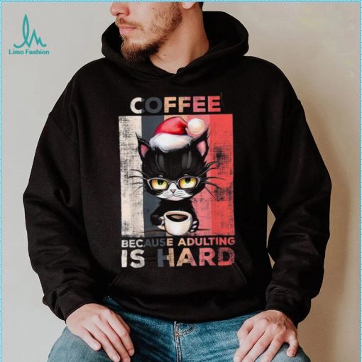 Coffee Because Adulting Is Hard Cute Santa Cat Christmas Shirt