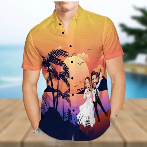 Custom Photo Trendy Aloha Hawaiian Shirt Personalized Sunset And Coconut Grove Wedding Trendy Aloha Hawaiian Shirt Group Wedding Uniforms