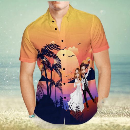 Custom Photo Trendy Aloha Hawaiian Shirt Personalized Sunset And Coconut Grove Wedding Trendy Aloha Hawaiian Shirt Group Wedding Uniforms