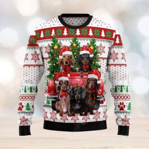 Dachshund Red Truck Ugly Sweater For Christmas