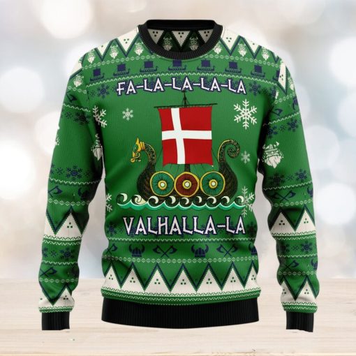 Denmark Viking Ugly Christmas Sweater Dragon Boat Fa La La La Valhalla 3D Christmas Sweater