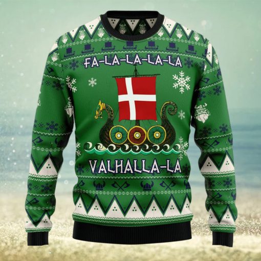 Denmark Viking Ugly Christmas Sweater Dragon Boat Fa La La La Valhalla 3D Christmas Sweater