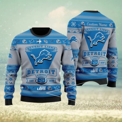 Detroit Lions Football Team Logo Ugly Christmas Sweater Custom Name Christmas For Fans