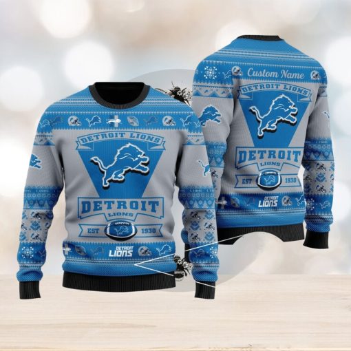 Detroit Lions Football Team Logo Ugly Christmas Sweater Custom Name Christmas For Fans