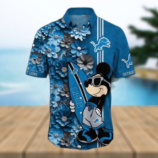 Detroit Lions Surfboard Parttern Mickey Mouse Flower Hawaiian Shirt