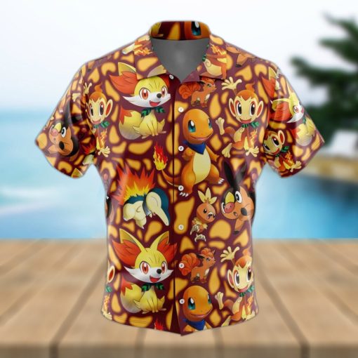 Fire Type Starters Pokemon Button Up Hawaiian Shirt