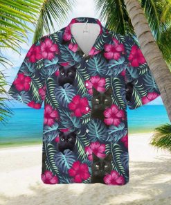 Pink Hawaiian Shirt Black Cat Aloha Pink Floral Tropical Hawaiian